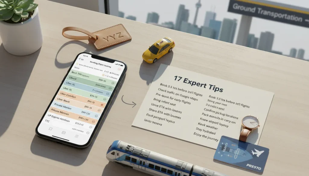 A flat‑lay photograph on a light wooden desk. The scene includes a smartphone displaying a comparison chart of nine transportation services (Beck Taxi, UberX, Uber XL, Uber Comfort, Uber Black, Private Limo, Private Minivan, UP Express, TTC) with columns for price, booking method, flight tracking, child seat policy, luggage space, and best use case. Beside the phone lies a printed checklist titled “Expert Tips” with 17 bullet points. A small toy taxi, a model train, a PRESTO card, a luggage tag, and a miniature analog clock are arranged around the items. The background shows a soft‑focus Toronto skyline and a terminal sign. The overall look is clean, professional, and travel‑oriented.