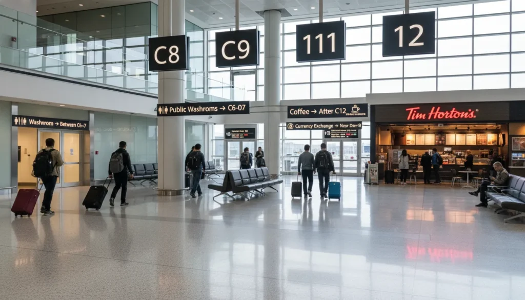 Pearson Terminal 3 arrivals level columns C8 to C12 with washroom between C6-C7, seating near C10, Tim Hortons coffee after C12, and currency exchange near Door B. Covered walkway with luxury airport interior.