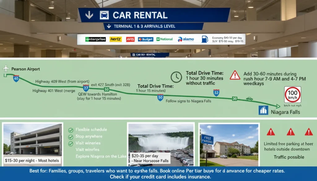 Real photo of a family in a rental car driving on the QEW highway from Toronto Pearson Airport to Niagara Falls. Map shows route: Highway 409 to 401 to 427 South to QEW towards Hamilton to exit 30 for Highway 420. Travel time 1 hour 30 minutes. Rental car counters located at Terminal 1 and Terminal 3 arrivals level.