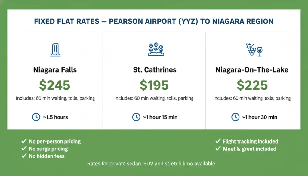 Price chart showing fixed flat rate limo fares from Toronto Pearson Airport YYZ to Niagara Falls starting at 245 dollars, to St Catharines starting at 195 dollars, and to Niagara on the Lake starting at 225 dollars. One price all-includes tolls parking waiting time and luggage handling.