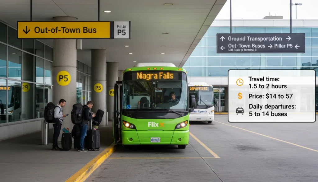 FlixBus and Rider Express bus pickup location at Toronto Pearson Airport Terminal 1. A modern green and blue FlixBus parked at Pillar P5 in the Out-of-Town Bus area. Ground level near Ground Transportation signs. Riders with luggage waiting to board. Clear signs showing FlixBus and Rider Express logos. Bus destination display reads "Niagara Falls". Passengers loading suitcases into luggage compartment. Bus has large windows and comfortable seats visible inside.