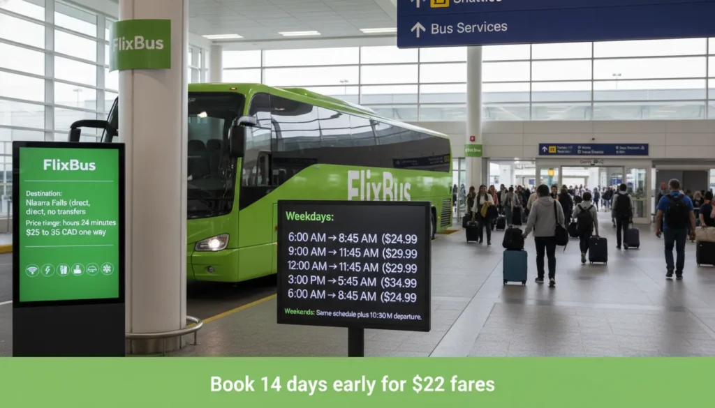 FlixBus green coach bus at Pearson Airport Terminal 1 Door Q Pillar Q4 with schedule showing 6 AM to 8:45 PM departures at $24.99 to $34.99 and onboard amenities free WiFi power outlets bathroom reclining seats
