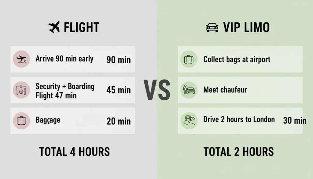 Simple comparison graphic showing flight takes 4 hours door to door and limo takes 2 hours door to door from Toronto Pearson to London Ontario