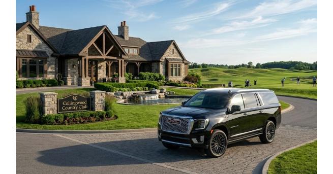 Black GMC Yukon parked outside Collingwood Country Club entrance with golf course nearby