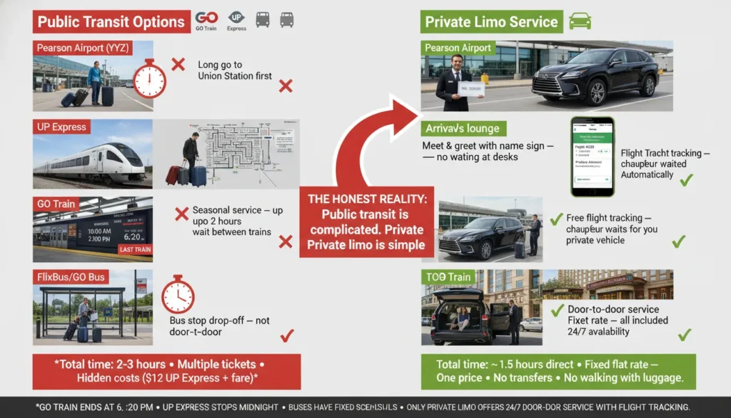 Split-screen comparison showing challenges of taking GO Train, UP Express, or bus from Pearson Airport to Niagara Falls, including multiple transfers, long waiting times, limited schedules, and carrying luggage through Union Station, contrasted with a direct private limo option.