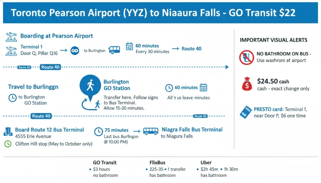 GO Transit bus route map showing Pearson Airport to Niagara Falls via Burlington GO Station. Step 1: Board Route 40 at Terminal 1 Door Q or Terminal 3 Door C. Step 2: Transfer at Burlington GO Station. Step 3: Board Route 12 to Niagara Falls. Total cost $22 with PRESTO card. Travel time 3 hours. No bathroom on board.