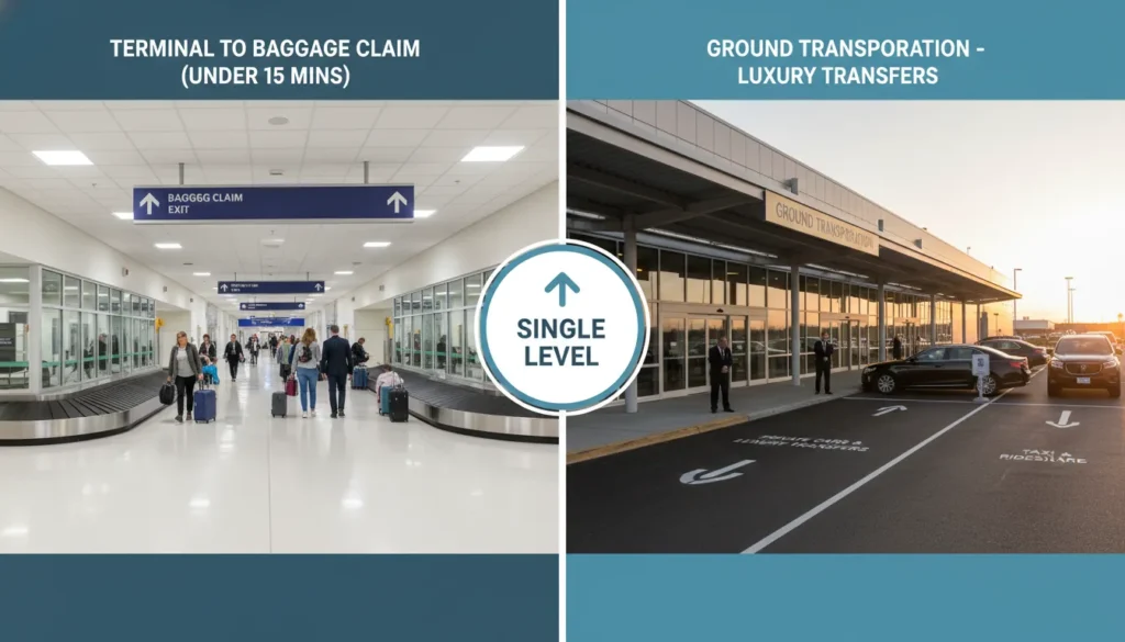A high-resolution overhead view and interior layout of the Green Bay Austin Straubel International Airport (GRB) terminal, highlighting the baggage claim area, ground transportation exits, and the short walk from the gate to the main terminal entrance.
