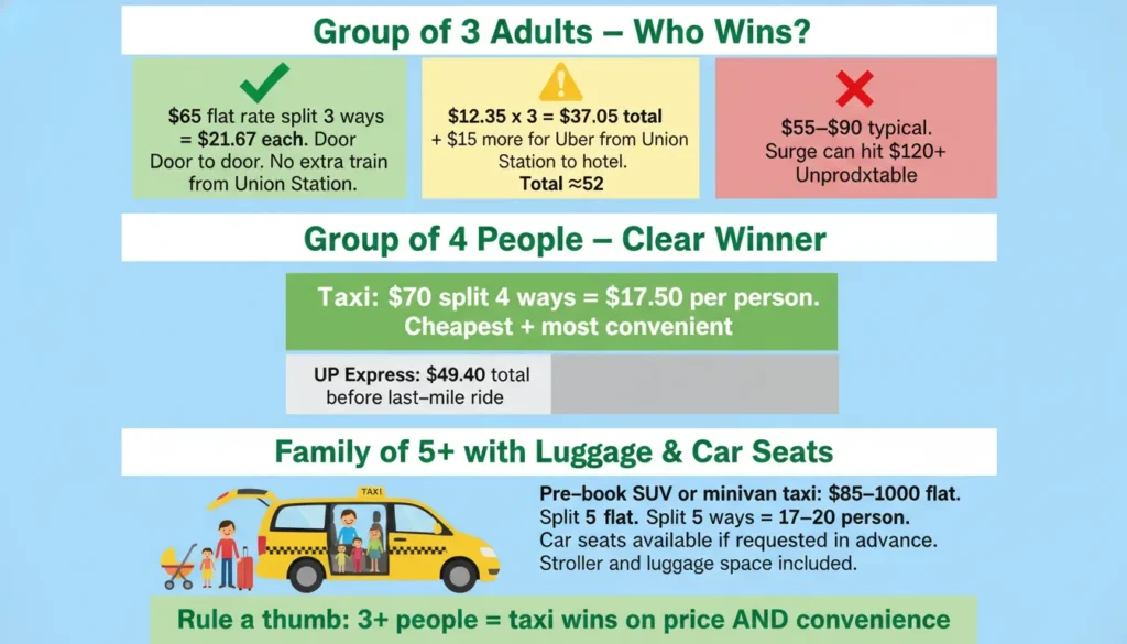 Side by side cost breakdown for families traveling from Toronto Pearson Airport to downtown showing taxi split 4 ways at 17.50 dollars per person versus UP Express at 37.05 for 3 adults versus Uber surge at 90 to 120 dollars.
