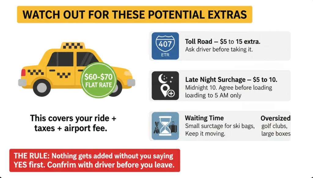 Warning-style infographic showing extra taxi costs from Pearson Airport including 407 toll road fee 5 to 15 dollars, late night surcharge 5 to 10 dollars after midnight, extra stop fee 10 to 15 dollars, waiting time billed per 5 minutes, and oversized luggage surcharge for ski bags or golf clubs.