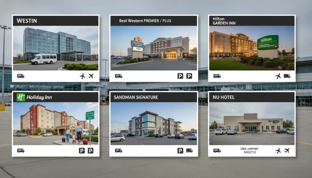Real photo showing hotel chain logos like Westin, Best Western, Hilton Garden Inn, Holiday Inn, Sandman Signature, and Nu Hotel offering Stay, Park and Fly packages near Toronto Pearson Airport with free shuttle and long-term parking