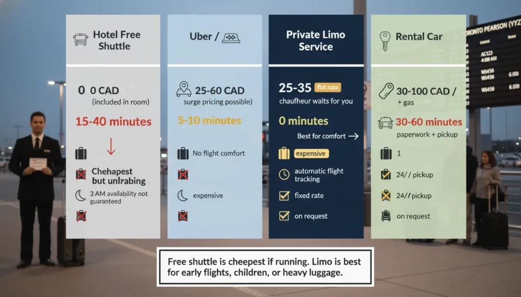 Comparison chart showing four transport options from Toronto Pearson Airport hotels: free hotel shuttle with 15-40 minute wait, taxi or Uber costing 25-60 CAD with 5-10 minute wait, and private limo at 35 CAD flat with zero minute wait and chauffeur holding sign.
