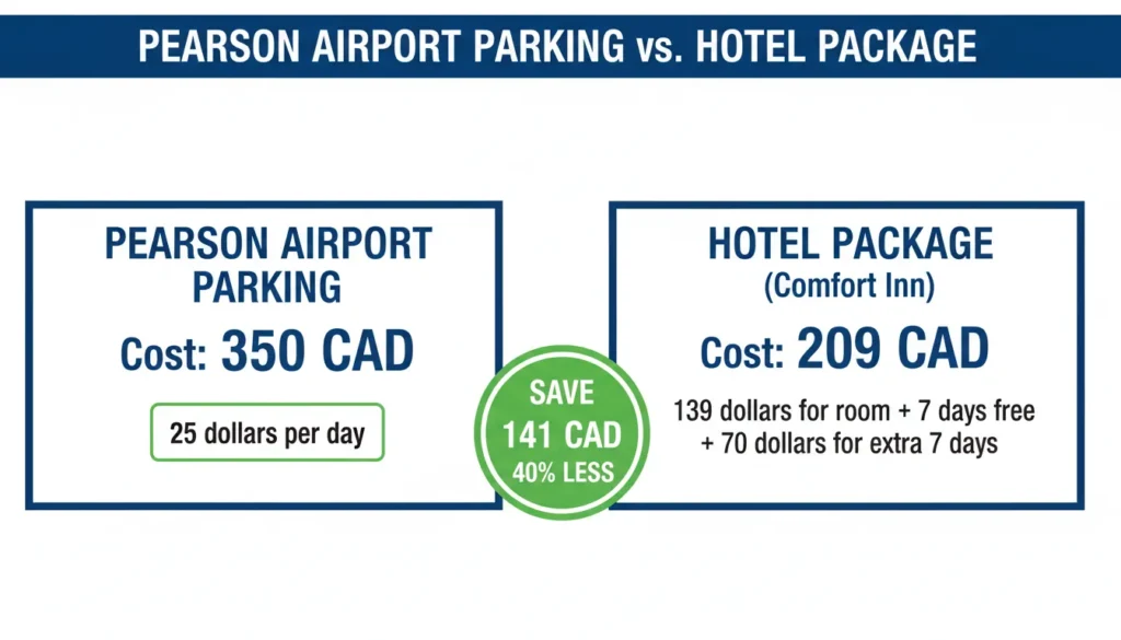 Side by side cost comparison of 14 day parking at Pearson Airport 350 dollars versus hotel package 209 dollars saving 141 dollars