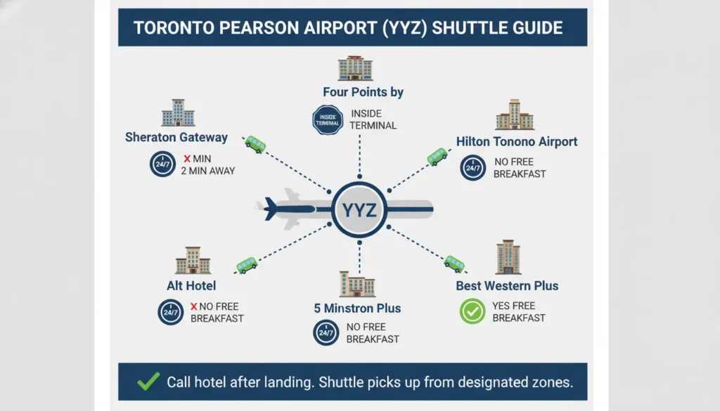 Five airport hotels offering free 24/7 shuttle service including Sheraton Gateway, Alt Hotel, Four Points, Hilton, and Best Western Plus with distance from airport and free breakfast details.