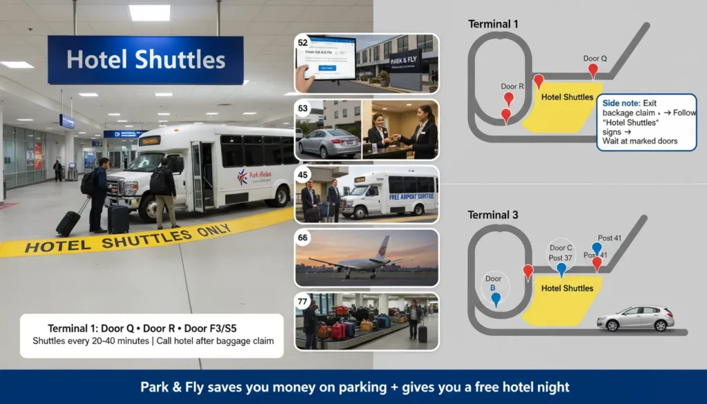 Infographic showing seven steps of Park and Fly process at Pearson Airport including booking package, driving to hotel, parking car, taking free shuttle to airport, flying out, calling hotel upon return, and picking up car. Below shows Terminal 1 shuttle pickup at Door Q and Terminal 3 pickup at Door C.