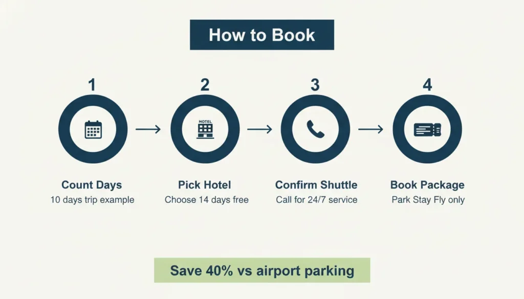 Four steps to book Pearson Airport hotel long term parking count days select hotel confirm shuttle book park stay fly package