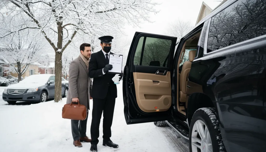 A passenger standing outside a black limousine in winter holding a sanitization log sheet handed by the uniformed driver standing next to the open door