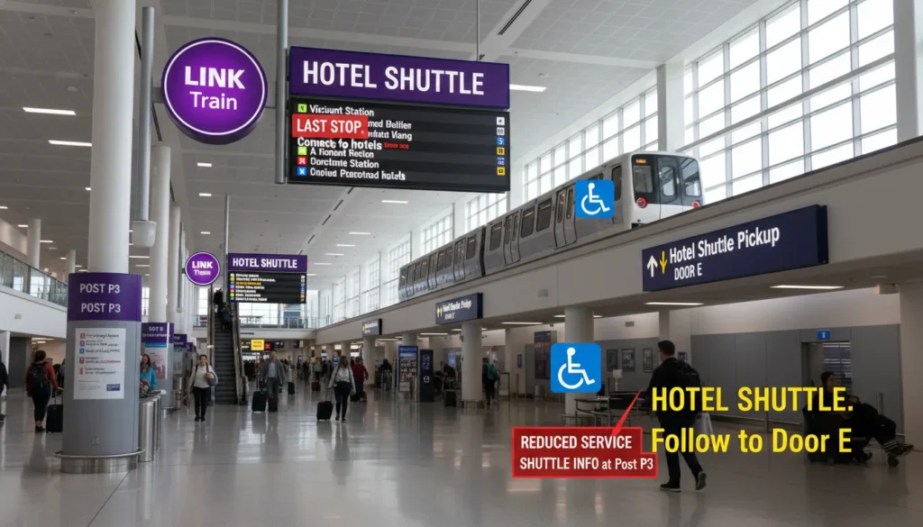 Real photo showing Pearson Airport signage with key warnings for Alt Hotel travelers: LINK train is the hotel shuttle not a private bus, get off at Viscount Station not Value Park Lot, LINK train accessible for wheelchairs, hotel shuttle pickup at Terminal 1 Door E and Terminal 3 Doors B and G, and reduced service shuttle buses at Terminal 1 Post P3 and Terminal 3 Column 5.