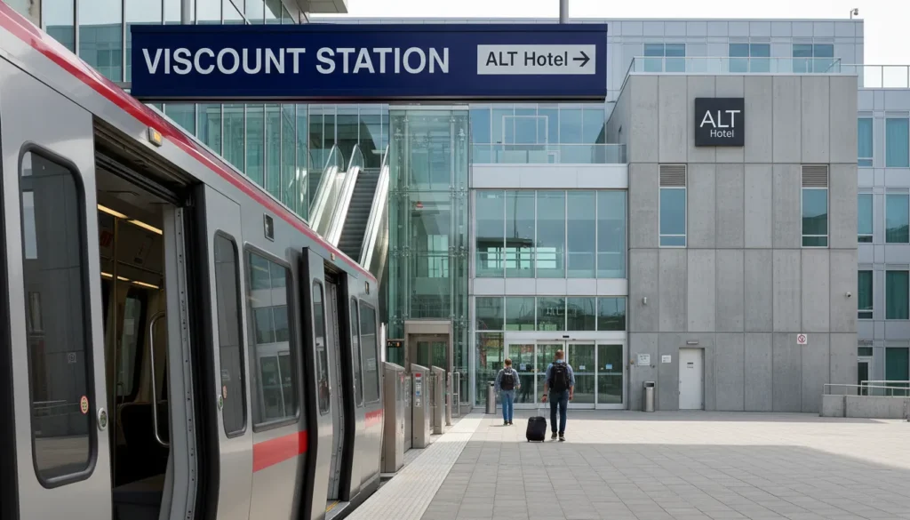 Real photo showing the Pearson Airport LINK train arriving at Viscount Station. The train is silver and red with large windows. The platform has clear signs reading Viscount Station and ALT Hotel. A passenger with rolling luggage is walking toward the ALT Hotel entrance which is visible directly outside the station exit. The station is modern with glass walls and elevators.