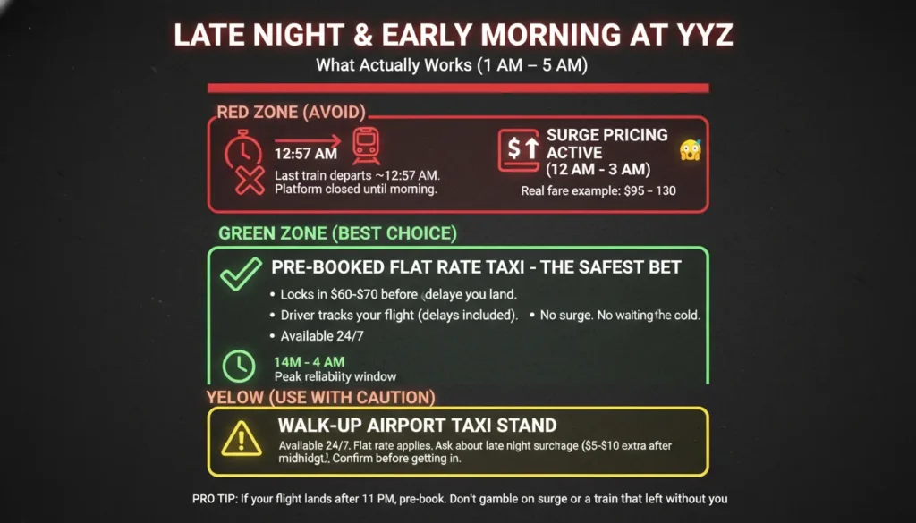 Decision chart for late night arrivals at Toronto Pearson Airport showing UP Express stops running around midnight, Uber surge pricing hits $95 to $130, and pre-booked flat rate taxi is the safest option from 1 AM to 4 AM.