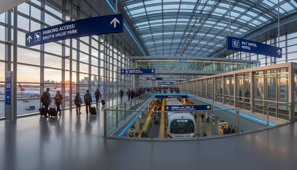 Level 2 mezzanine at Terminal 1 Pearson Airport showing parking access Terminal Link train to Terminal 3 and hotel walkway connections