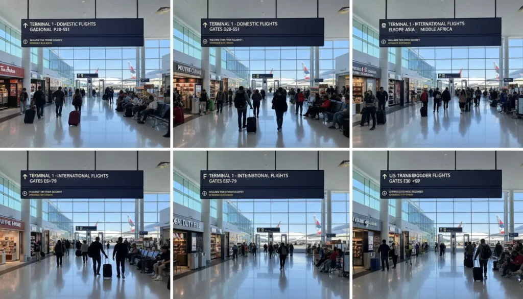 Level 3 gates D E F explained at Terminal 1 Pearson Airport showing D gates domestic E gates international and F gates US flights