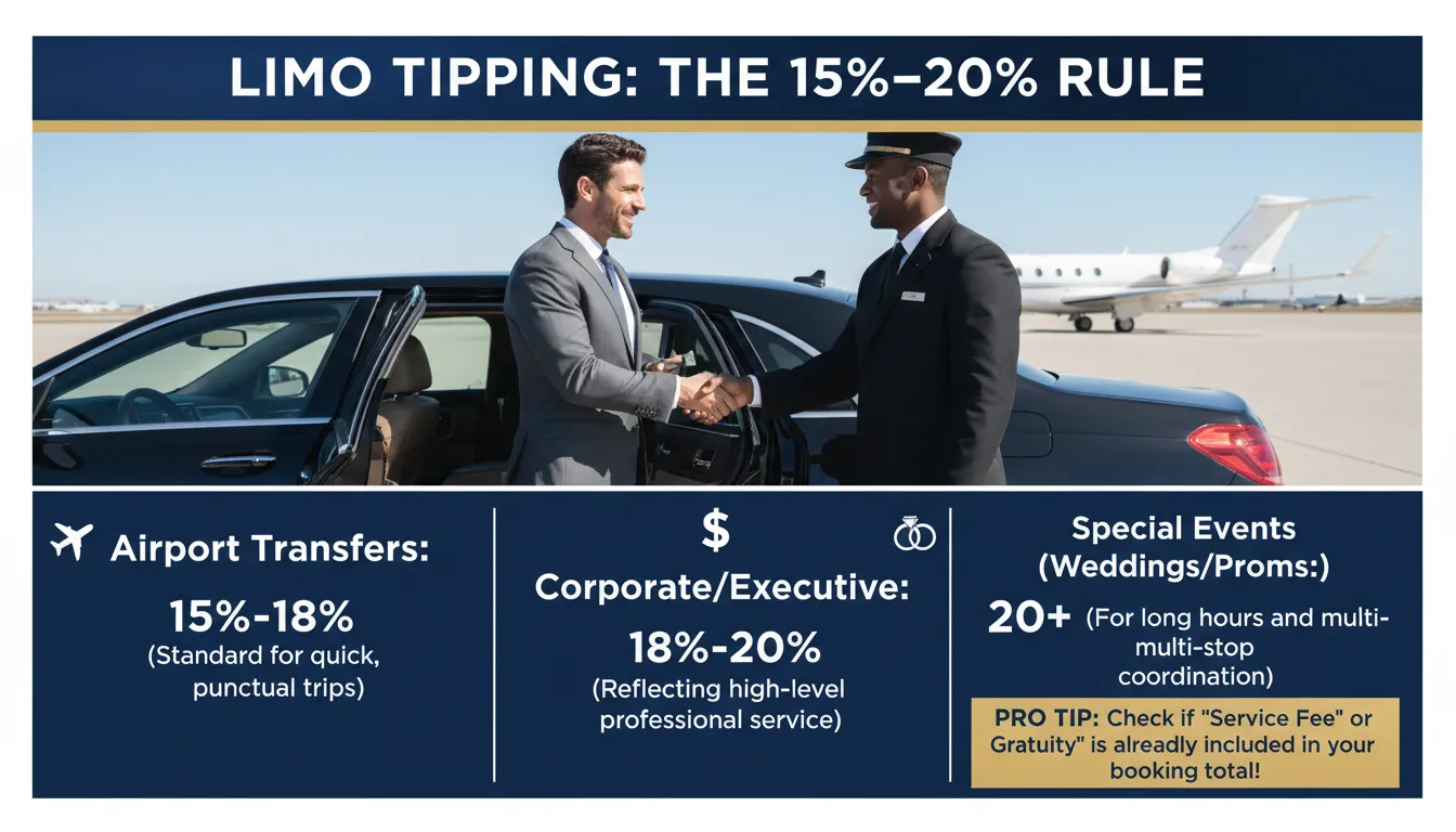 A professional tipping guide infographic for limousine services, showing a client handing a gratuity to a chauffeur and a breakdown of standard percentage ranges for different services.