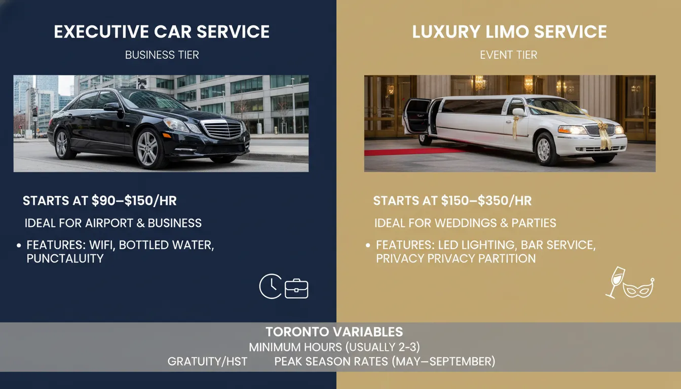 A side-by-side pricing comparison infographic of a corporate executive SUV and a luxury stretch limousine in Toronto, detailing hourly rates, fleet types, and included amenities.