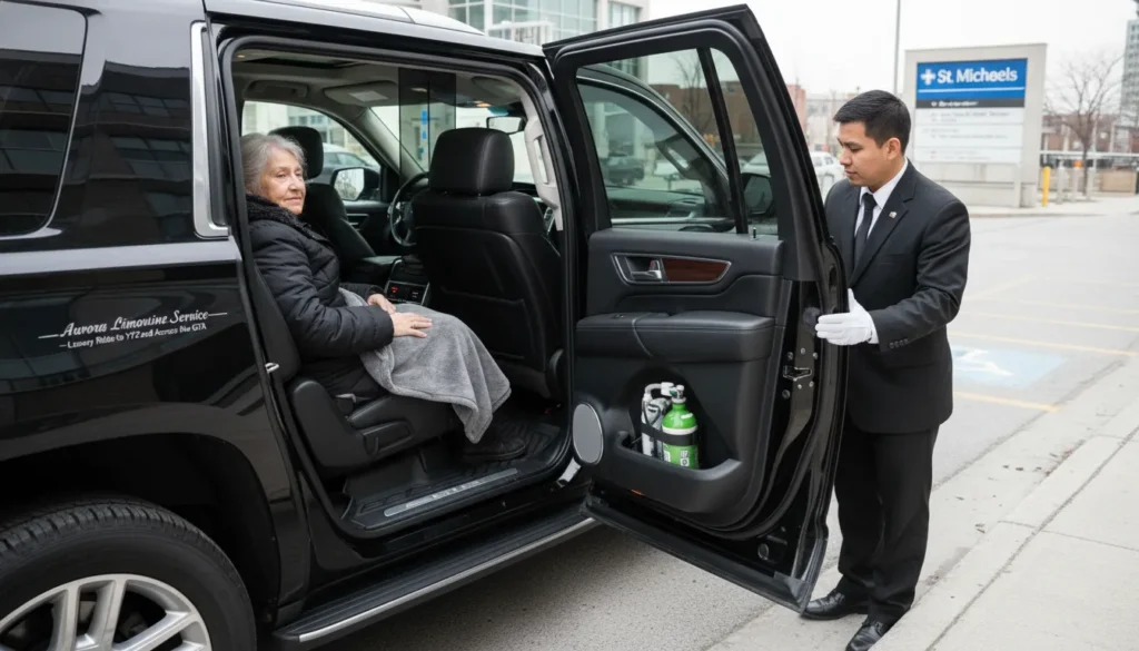 Professional limo driver in black uniform adjusting climate control panel inside a clean Cadillac Escalade while elderly female passenger sits comfortably in rear seat with a soft blanket on her lap near Toronto hospital