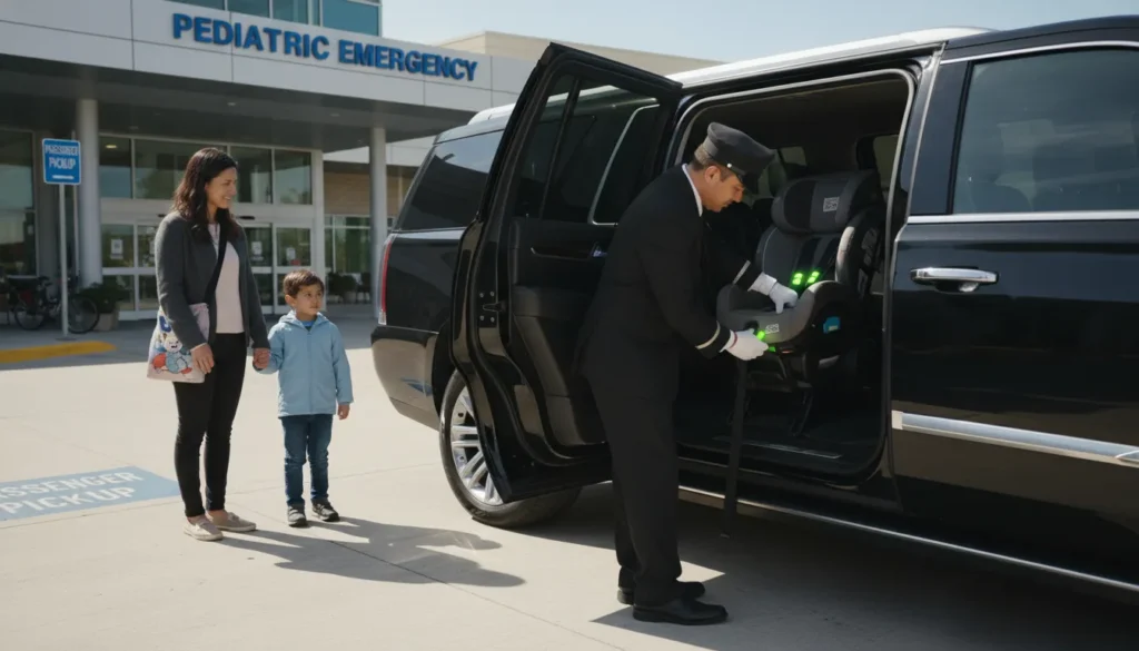 Professional limo driver in black uniform installing a gray toddler car seat on rear passenger seat of a clean black Cadillac Escalade parked outside a childrens hospital in Toronto with a mother and young child waiting nearby