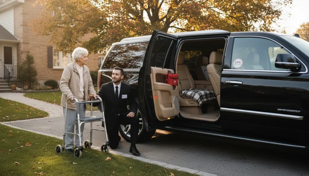 Professional limo driver in black uniform kneeling beside elderly woman with walker outside Cadillac Escalade showing patient handling training for medical transportation in Toronto