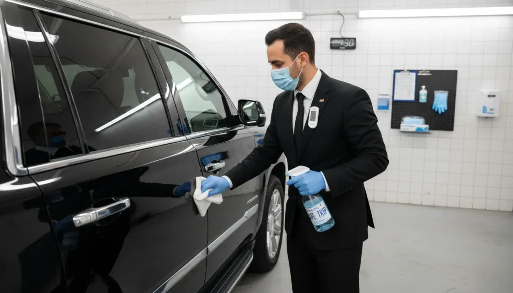 Professional limo driver in uniform wearing a blue surgical mask and nitrile gloves sanitizing door handle of a black luxury SUV parked outside Toronto Pearson Airport in winter with snow on ground