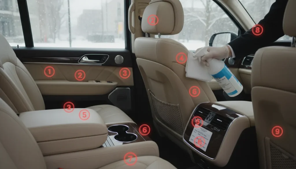 Clean limo interior showing nine disinfected surfaces door handle seatbelt buckle window switch armrest cup holder center console AC vent headrest and seatback pocket with sanitizer spray bottle nearby