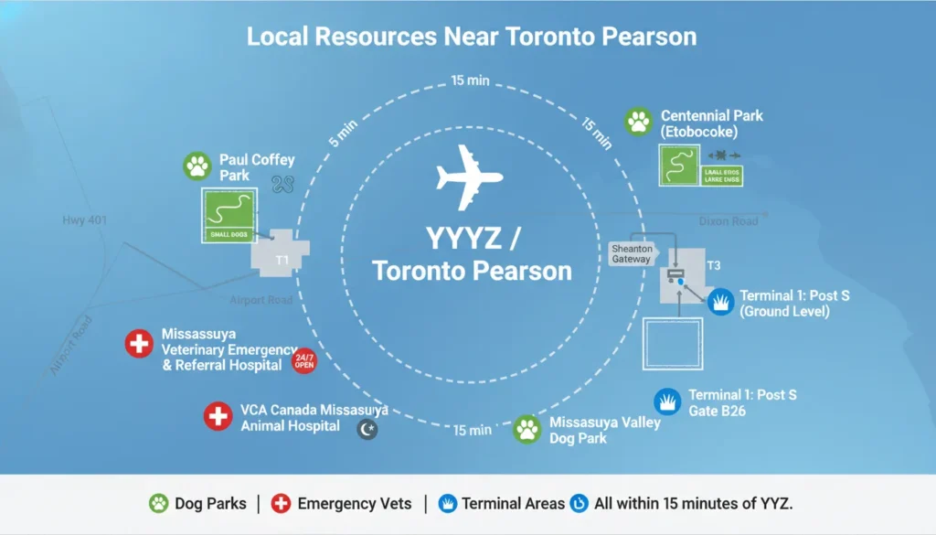 Map-style infographic showing local resources near Toronto Pearson Airport (YYZ): two 24/7 emergency vet clinics (Mississauga Veterinary Emergency & Referral Hospital, VCA Canada Mississauga Animal Hospital) within 12–15 minutes, three dog parks (Centennial Park with separate off-leash zones, Paul Coffey Park quiet trails, Mississauga Valley fenced dog park), and outdoor pet relief areas at Terminal 1 Post S and Terminal 3 Gate B26. All locations marked within a 15-minute drive radius from YYZ.