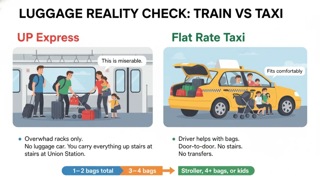 Split-screen comparison showing UP Express train with cramped passengers struggling with three large suitcases versus a taxi trunk easily holding four bags with a family sitting comfortably inside.