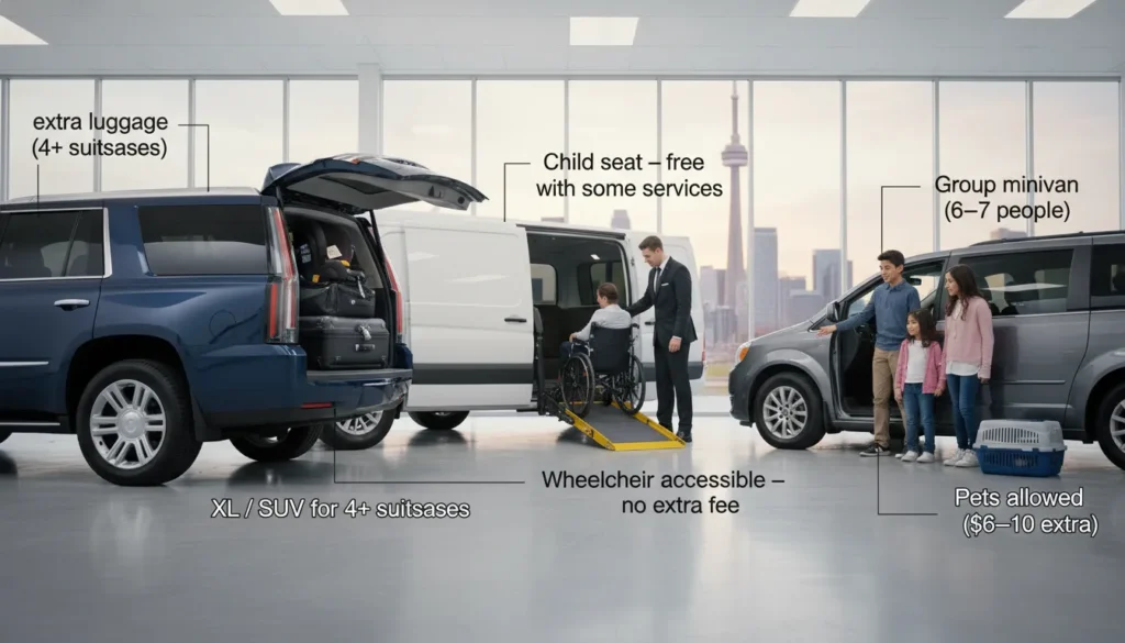 A taxi trunk open with two large suitcases, a toddler car seat secured in the back seat, a wheelchair‑friendly van ramp, and a driver helping a family with luggage. Text overlay: “Book XL for extra luggage • Request child seat • Wheelchair accessible”.