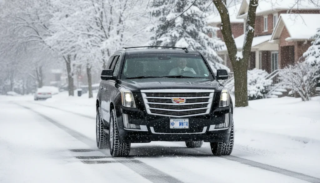 Black luxury SUV driving safely on snow covered road in Toronto winter. Vehicle has winter tires. Professional chauffeur at wheel. Snow falling. Safe winter limo service on GTA road.