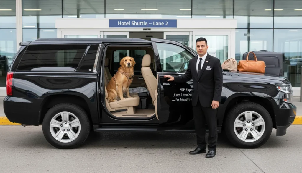 Spacious black luxury SUV parked at YYZ airport curbside with a large golden retriever sitting calmly on a padded rear seat beside luggage, driver holding door open, VIP Airport Limo Service sign visible on vehicle door.