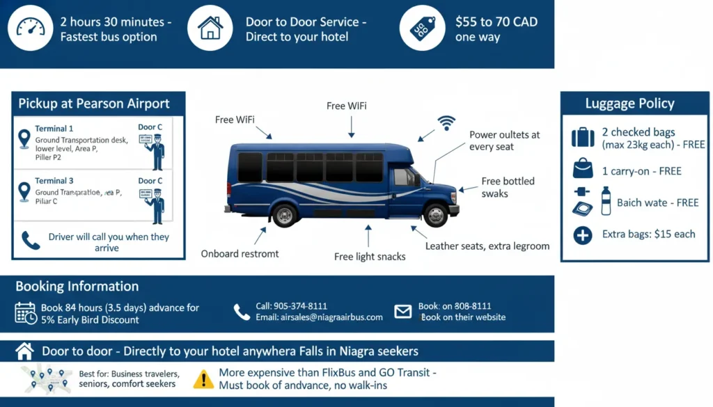 Real photo of a blue Niagara AirBus shuttle van parked outside Pearson Airport Terminal 1 at the Ground Transportation desk. Driver in uniform stands next to the van holding a tablet. The van has Niagara AirBus logo on the side. Passengers loading luggage into the back. Sign behind shows Area P Pillar P2. This is the pickup location for door to door service to Niagara Falls. Trip takes 2 hours 30 minutes.