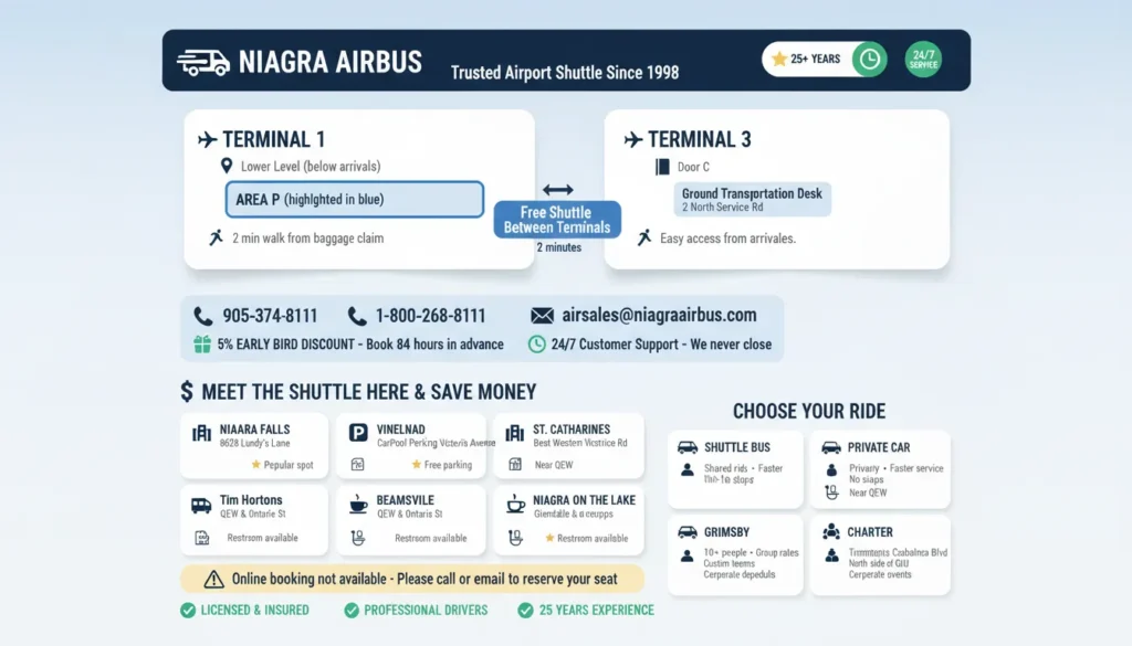 Niagara Airbus shuttle infographic showing pickup at Pearson Terminal 1 Lower Level Area P and Terminal 3 Door C. Contact by phone 905-374-8111 or email airsales@niagaraairbus.com. Save 5 percent with early bird booking 84 hours in advance. Six discount pickup locations across Niagara Region. Service types include shuttle bus, private car, and charter for large groups.