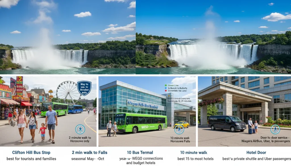 Beautiful real photo of Niagara Falls with three labeled drop-off locations. Clifton Hill stop is 2 minutes walking distance from the Falls with happy tourists taking photos. Niagara Falls Bus Terminal at 4555 Erie Avenue is 10 minutes walk with a red WEGO bus outside. A family gets off a private shuttle directly at their hotel door near the Falls. Horseshoe Falls visible in the background with mist rising up. Green trees and blue sky.