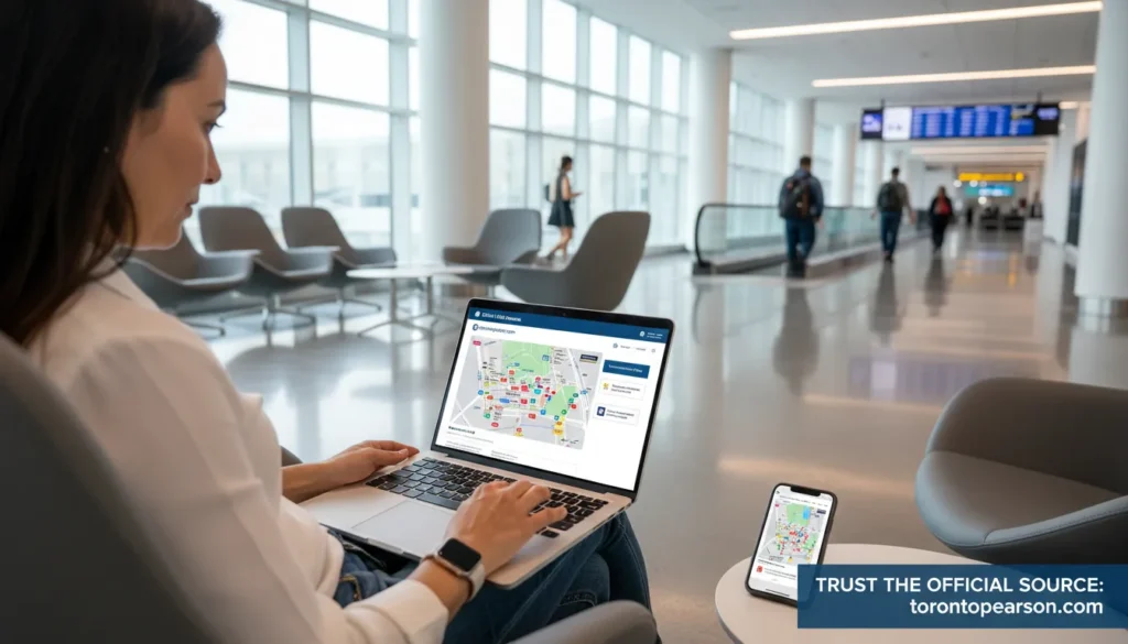 Official resources for Toronto Pearson Terminal 3 showing interactive map access on torontopearsoncom, downloadable PDF maps for arrivals departures and gates, and YYZ Express free security appointment booking with QR code system
