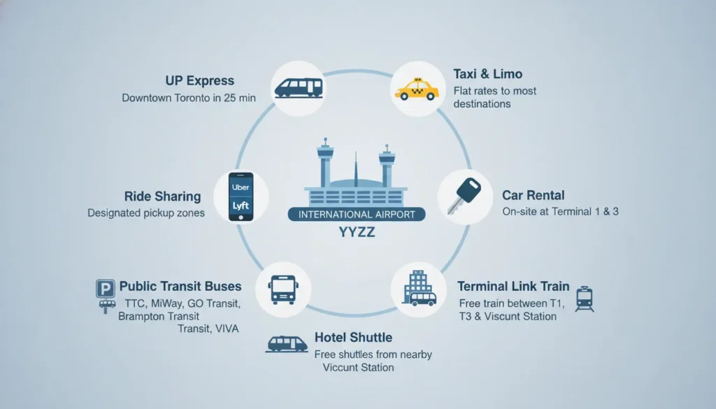 Toronto Pearson Airport other transportation options including UP Express train, taxi, limo, ride sharing Uber Lyft, car rental, public transit bus, hotel shuttle, off-airport parking shuttle, and Terminal Link train between Terminals 1 and 3 and Viscount Station.
