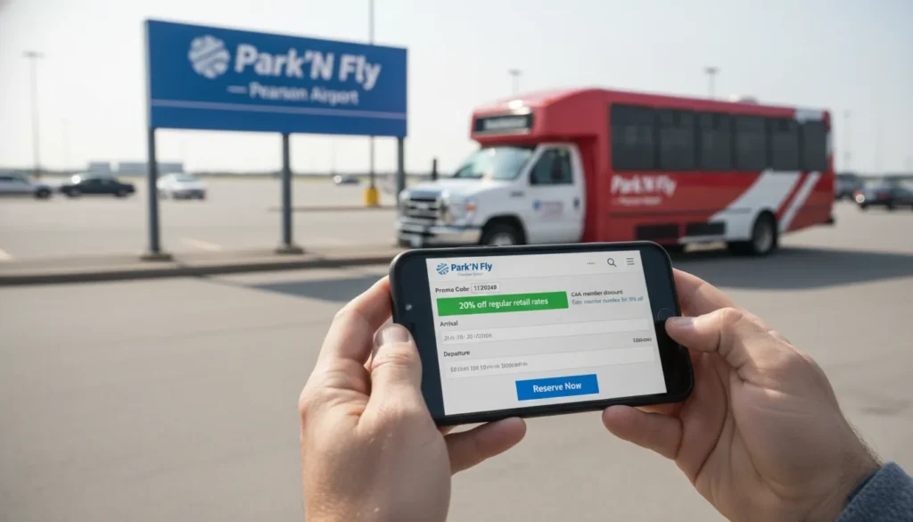 Person holding smartphone showing Park'N Fly parking app with promo code 1120349 applied and CAA member discount option for Toronto Pearson Airport parking