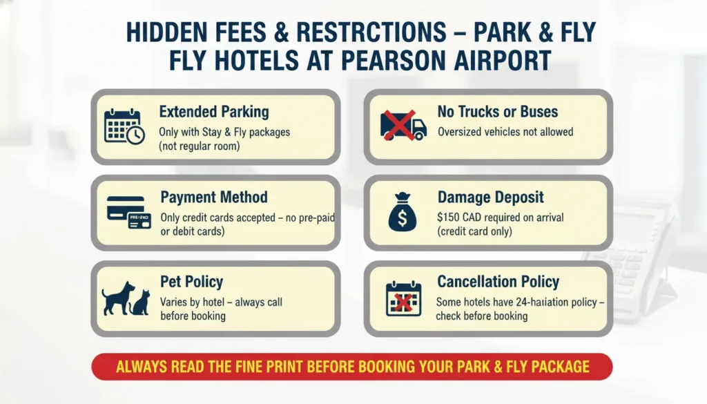 Warning infographic showing six common hidden fees at Pearson Airport park and fly hotels: extended parking only with Stay and Fly packages, no trucks or buses allowed, credit cards only no prepaid or debit, 150 dollar damage deposit required, pet policy varies by hotel, and 24 hour cancellation policy check before booking.