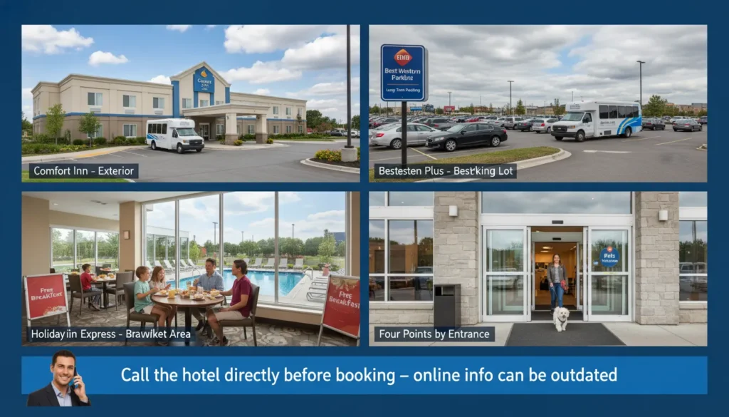 Real photo collage showing four types of park and fly hotels near Pearson Airport. Top left: Comfort Inn exterior budget hotel under 200 dollars. Top right: Best Western Plus parking lot for extended trips with 14 days parking. Bottom left: Holiday Inn Express pool and breakfast area for families. Bottom right: Four Points by Sheraton pet friendly sign welcoming dogs. Text overlay reads Budget Extended Family Pet Friendly.