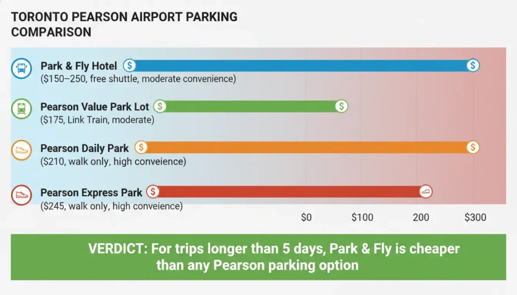 Cost comparison chart showing 7-day trip expenses: Park and Fly hotel costs 150 to 250 dollars with free shuttle, Pearson Value Park Lot costs 175 dollars with Link Train, Pearson Daily Park costs 210 dollars with no shuttle, Pearson Express Park costs 245 dollars with no shuttle. Verdict: Park and Fly cheaper for trips over 5 days.
