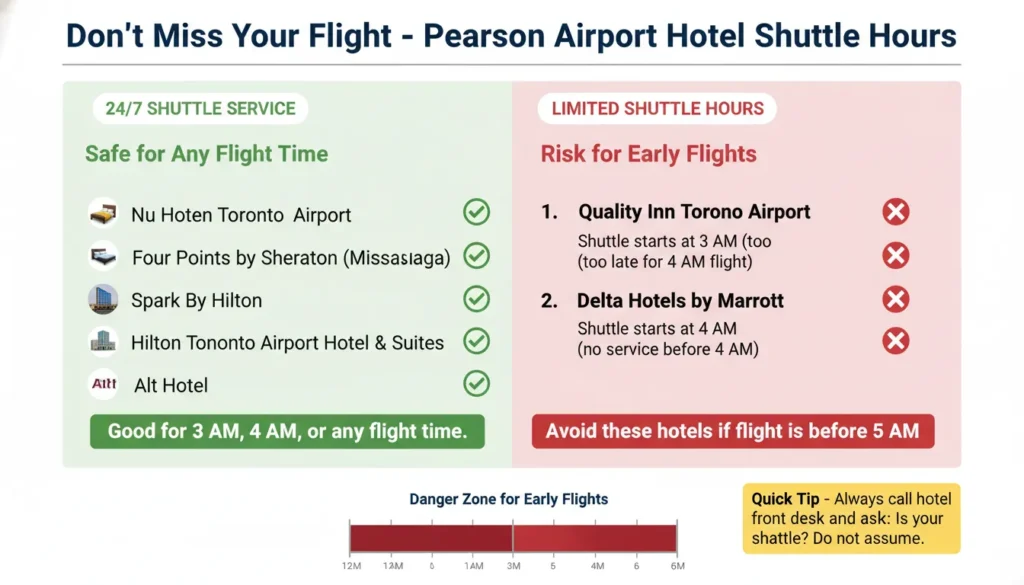 Side by side comparison of Pearson Airport hotels. Left side green shows 6 hotels with 24/7 shuttle: Nu Hotel, Sandman Signature, Four Points, Spark By Hilton, Alt Hotel, Hilton. Right side red shows 2 hotels to avoid for early flights: Quality Inn shuttle starts 3 AM, Delta shuttle starts 4 AM. Clock showing 2 AM to 5 AM danger zone for early flights.