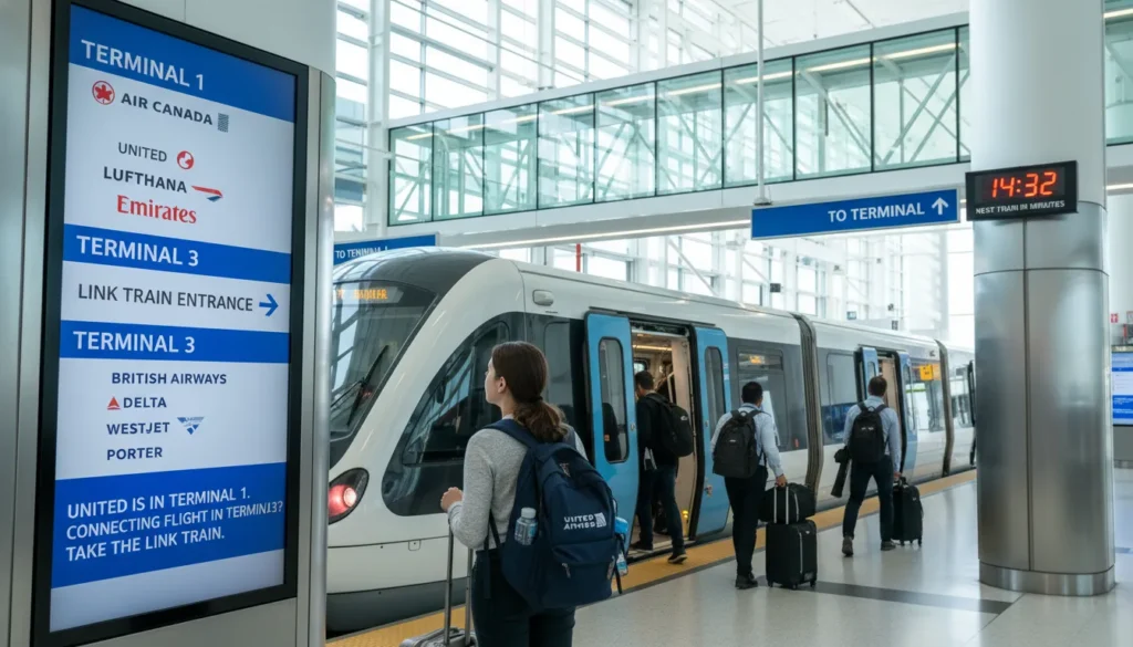 Travelers walking towards Link Train at Toronto Pearson Airport with signs showing Terminal 1 and Terminal 3 for connecting flights from United Express to other airlines