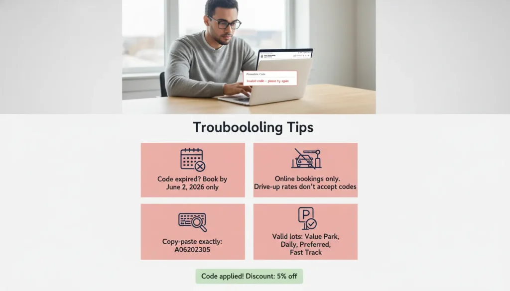 Person checking laptop screen with Pearson parking booking page open. Error message shows promo code invalid. Four troubleshooting tips listed on screen: check expiry date, book online only, copy-paste correctly, use valid parking lot.