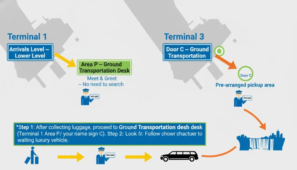Map and visual guide showing Pearson Airport pickup points: Terminal 1 lower level below arrivals at Area P, and Terminal 3 at Door C. Chauffeur meets traveler with name sign at Ground Transportation desk.
